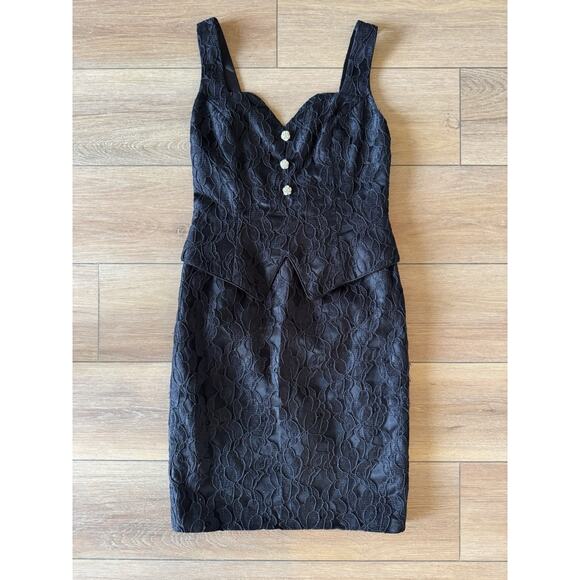 Vintage 80s Scott McClintock Black Lace Wiggle Dress Rhinestone Buttons 4P Sexy - Picture 3 of 16